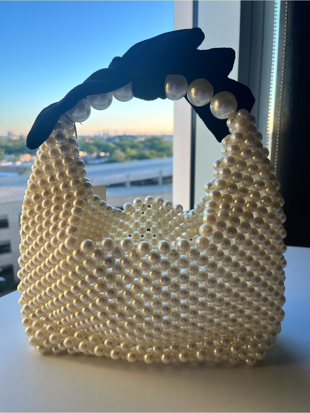 a new day Pearl-Beaded Mini Bag with Black Bow Handle